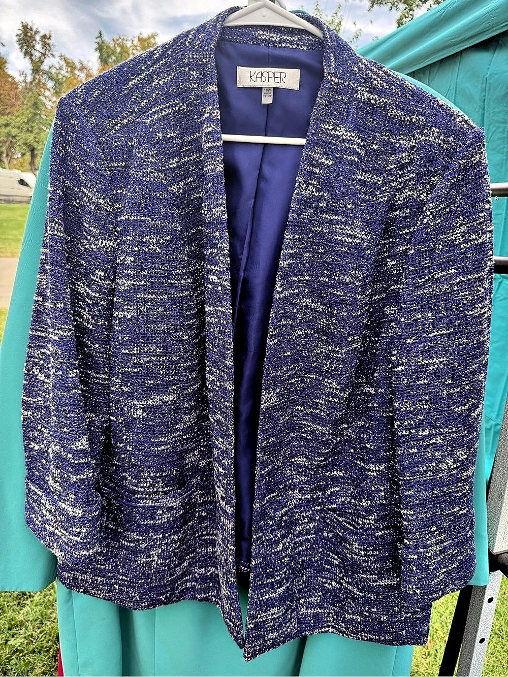 Kasper Tweed Open-Front 3/4-Sleeve Jacket Blue
